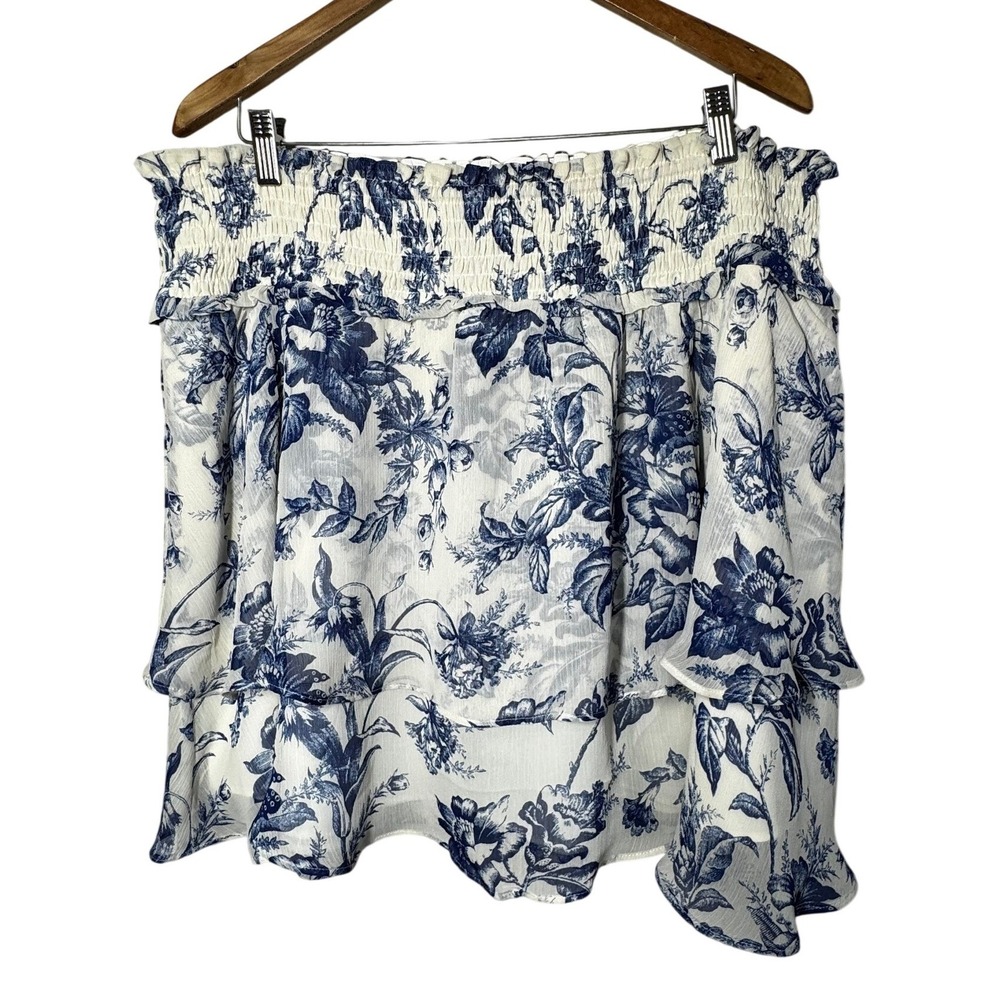 Express Mini Skirt Blue Floral Toile Smocked Tiered Ruffle Boho Romantic XL